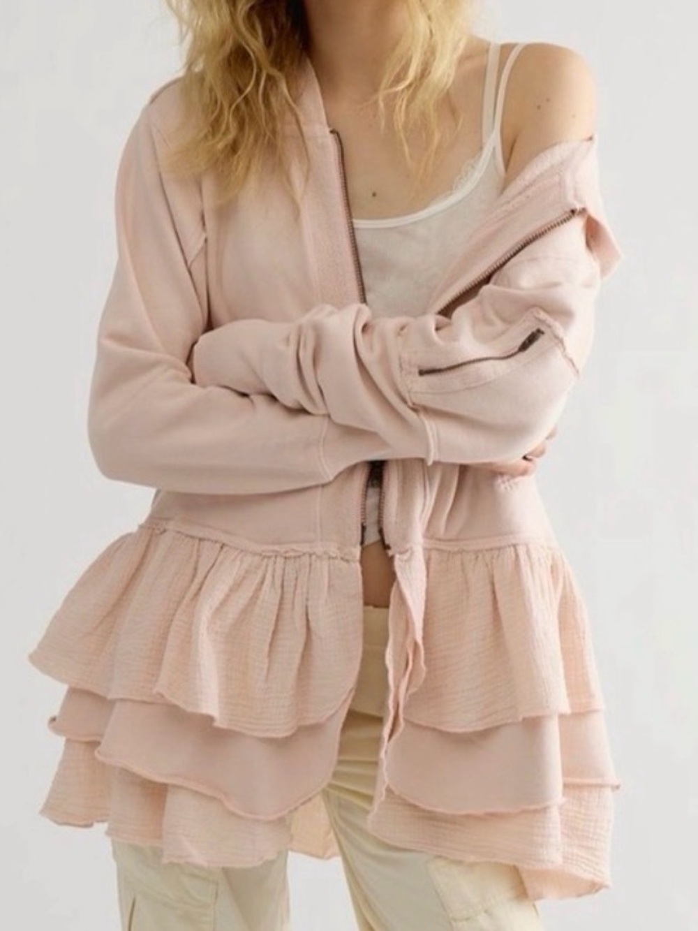 Free People "Piece Of Cake" Tiered Ruffle Zip-Up Cardi Hoodie - Blush Pink, Size